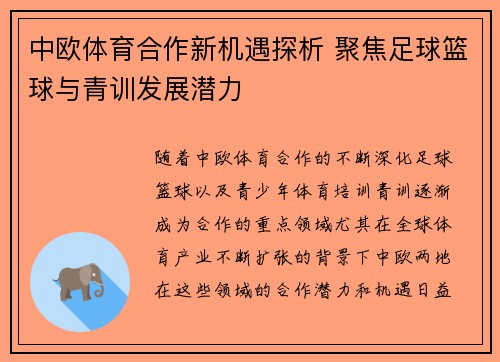 中欧体育合作新机遇探析 聚焦足球篮球与青训发展潜力